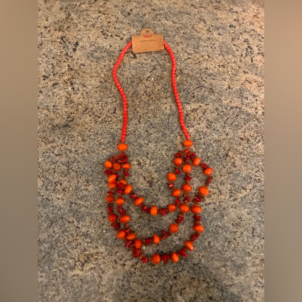 Ruby Red Orange Agate Gemstone Glass Beaded Long Necklace